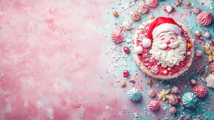 A festive cake decorated with a Santa face, surrounded by colorful sweets and sprinkles.