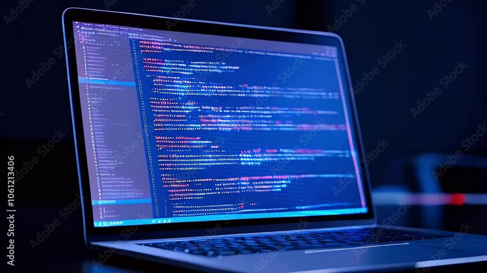 Poster close up of laptop with code on the screen in a dark room with blue bokeh lights in the background.