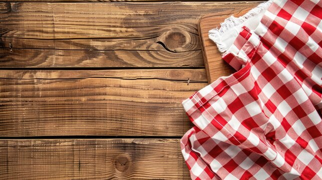 Mockup of picnic table setting with checkered napkin on wooden table, red and white tablecloth banner, kitchen towel with gingham pattern, restaurant dishcloth on wood background.