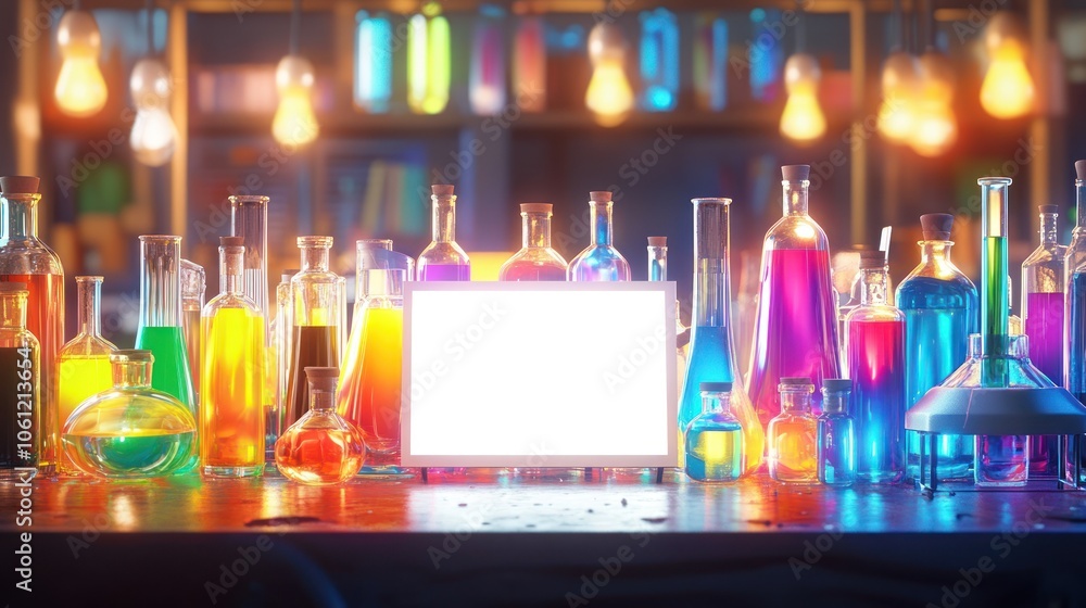 Poster a colorful array of laboratory glassware filled with vibrant liquids on a wooden table.