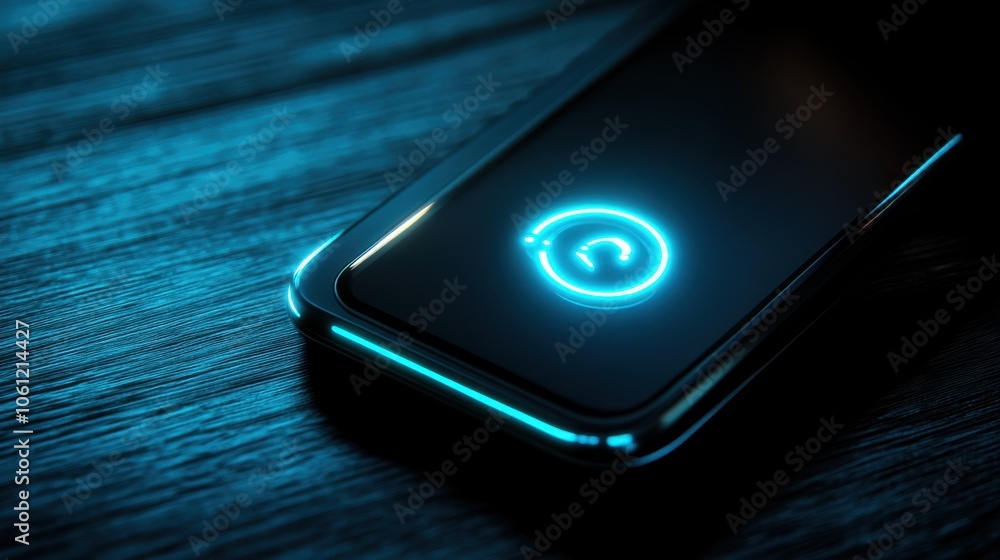 Poster glowing smartphone with circular illuminated button in dark atmosphere
