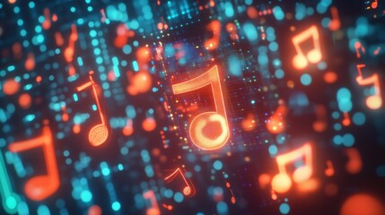 Colorful musical notes floating in a digital space, representing music and technology.