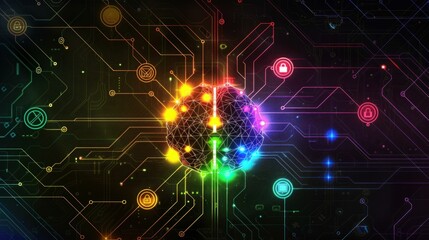 Fototapeta premium digital brain, technology, artificial intelligence, circuit, colorful lights, innovation, neural network, creativity, data visualization, network connection, future, graphic design, abstract represen