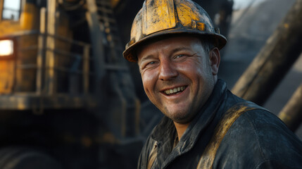 happy mining worker smiles confidently, showcasing his dedication and hard work in rugged environment. His expression reflects pride and satisfaction in his job