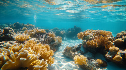 Dive into a vibrant underwater world filled with colorful corals and thriving marine life beneath the sun