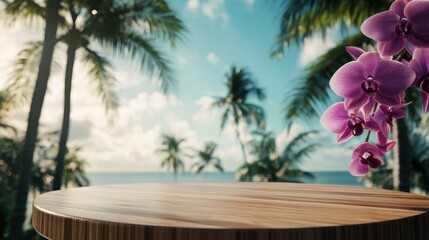 Fototapeta premium A serene tropical scene featuring a wooden table and vibrant orchids against a beach backdrop.