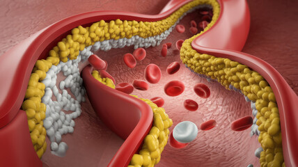 A red and yellow tube with white particles in it. The tube is filled with red and white particles, creating a striking contrast between the two colors