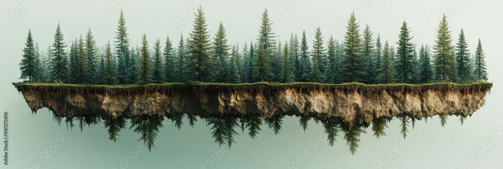 Poster a surreal floating island with dense trees above a rugged cliff.