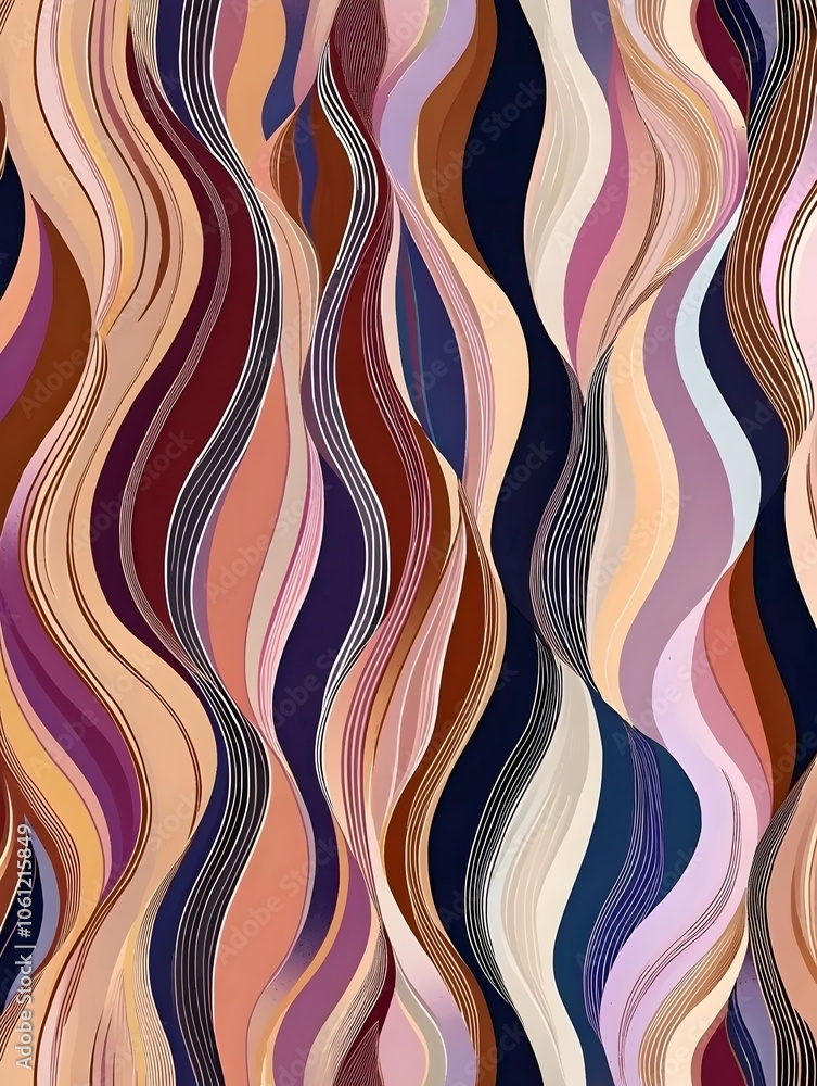 Poster an abstract design featuring flowing waves in rich tones of burgundy, blush, cream, and deep navy, c