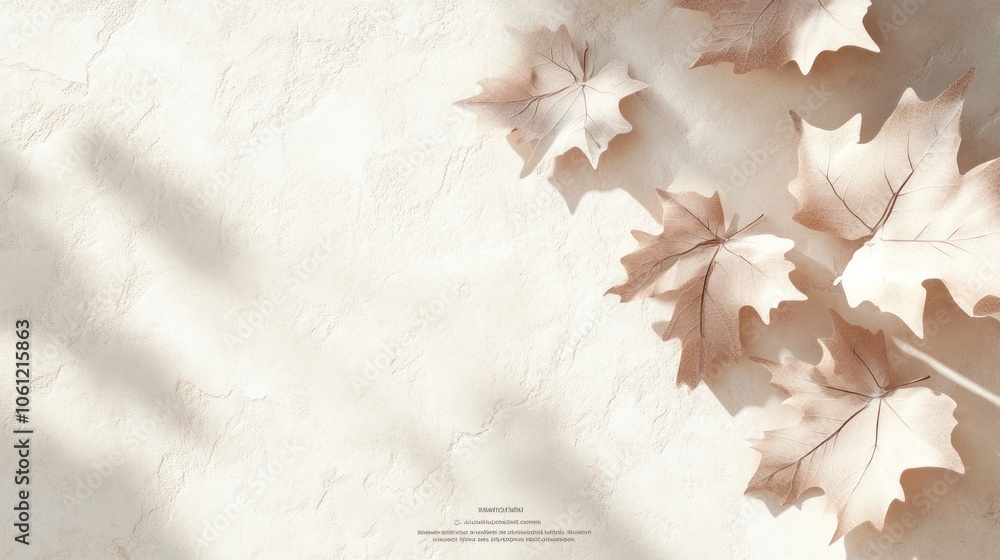 Poster a minimalist composition featuring dried leaves on a textured surface with soft shadows.