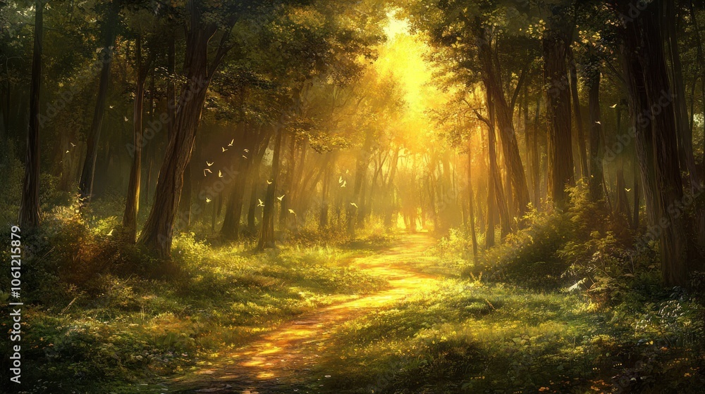 Poster a serene forest path illuminated by sunlight, inviting exploration and tranquility.