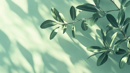 A serene composition of green leaves casting shadows on a soft mint background.