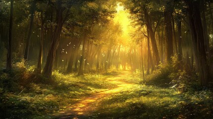 Obraz premium A serene forest path illuminated by sunlight, inviting exploration and tranquility.