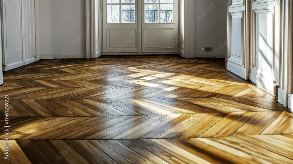 Poster sunlight streams through a window, illuminating a beautiful herringbone hardwood floor in a spacious