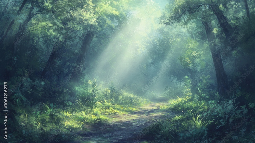 Poster a serene forest scene with sunlight filtering through the trees, creating a tranquil atmosphere.