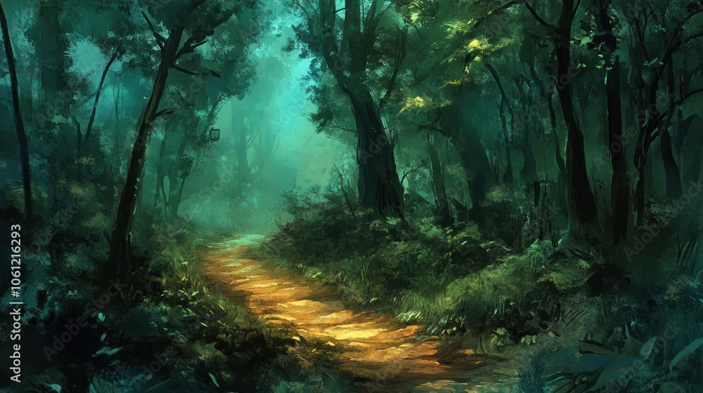 Aufkleber a serene forest path illuminated by soft light, inviting exploration and tranquility.
