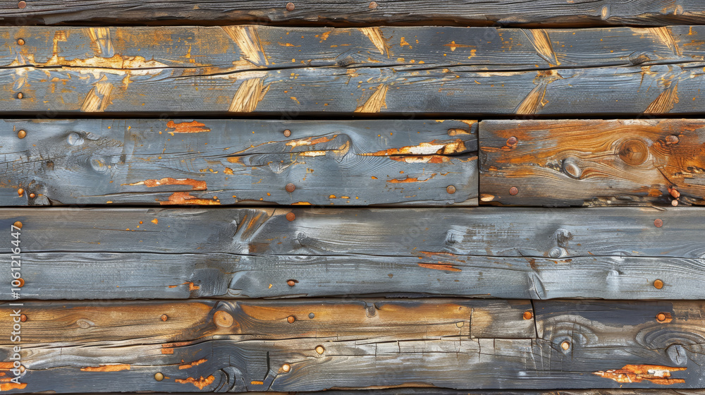 Poster a close-up view shows weathered wooden planks displaying signs of aging, including peeling paint and