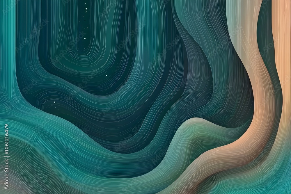 Poster An abstract design featuring flowing lines in shades of teal, green, and beige, creating a dynamic and soothing visual experience with a modern touch.