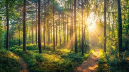 Fototapeta premium A serene forest scene with sunlight filtering through trees, creating a tranquil atmosphere.