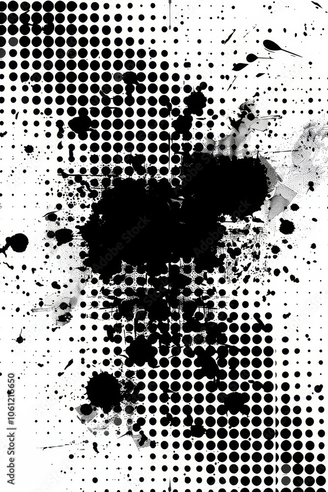 Poster this artwork features a striking arrangement of black splashes scattered over a light background, en