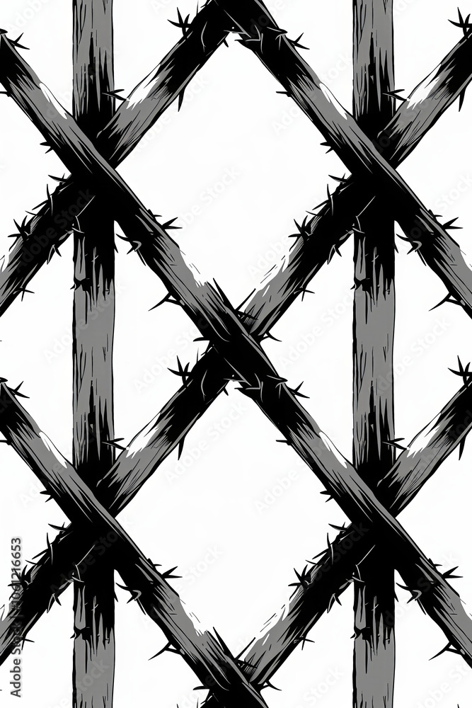 Aufkleber a striking abstract design showcases crisscrossed thorny branches in black and white. the sharp deta