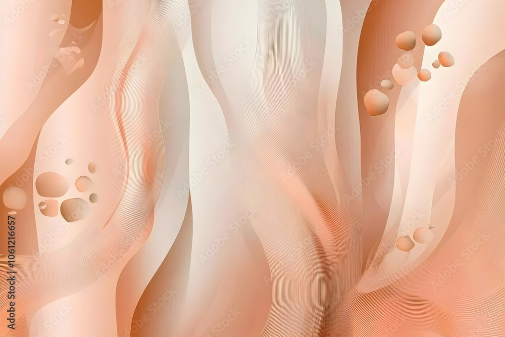 Poster an abstract composition featuring gentle waves and soft curves in shades of peach and cream, evoking