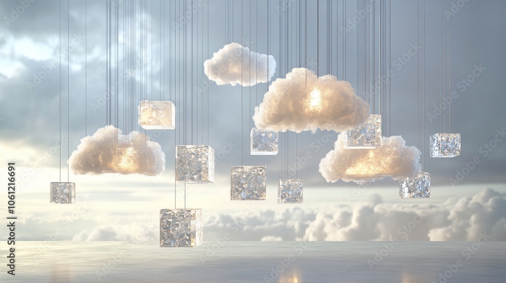 Poster abstract image with glowing clouds and crystal cubes hanging from the sky.