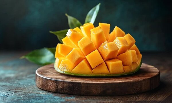 A beautifully arranged mango with diced segments on a wooden board.