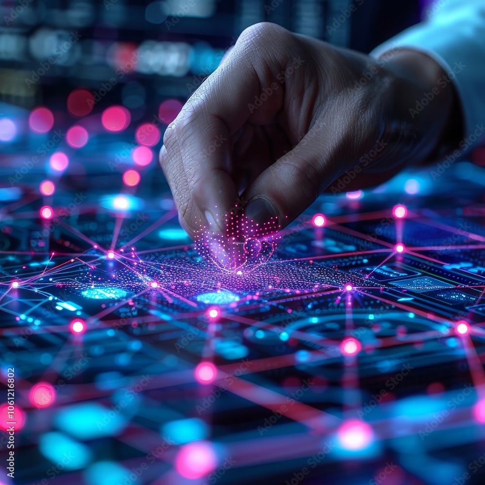 Poster a hand reaches towards a glowing digital interface, manipulating interconnected nodes and lines lit 