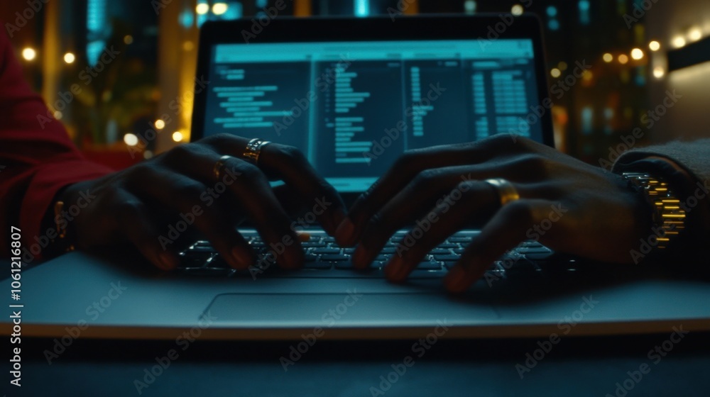 Poster hands on keyboards in front of a code-filled screen