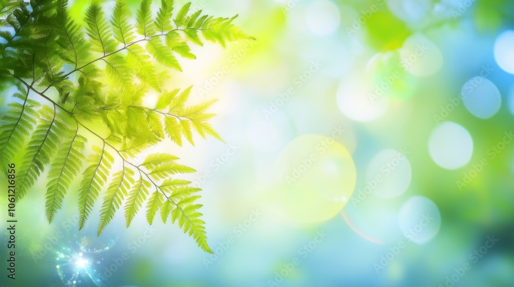 Poster a serene image of ferns with a soft, blurred background of light and colors.