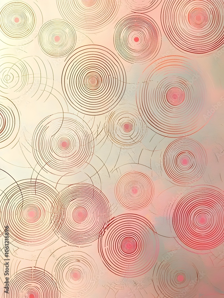 Poster An abstract design featuring concentric circles in warm tones of peach and soft pink. The circular patterns are layered, creating depth and a sense of movement.