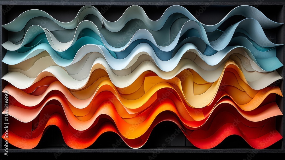 Poster this artistic arrangement features wavy layers of colored paper, showcasing a gradient of vibrant hu