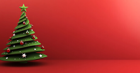 3D animation Christmas Tree on a red background, copy space