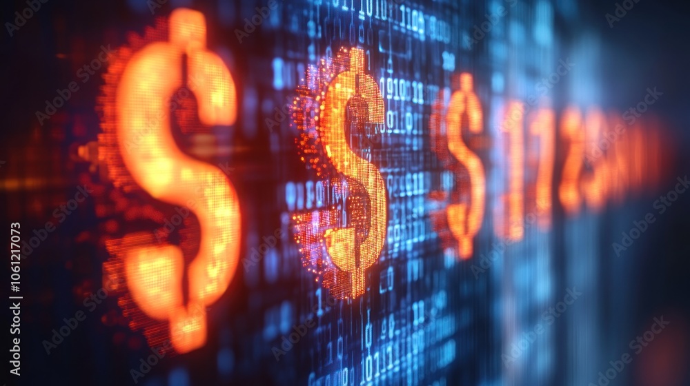 Poster digital representation of currency symbols with a futuristic background.