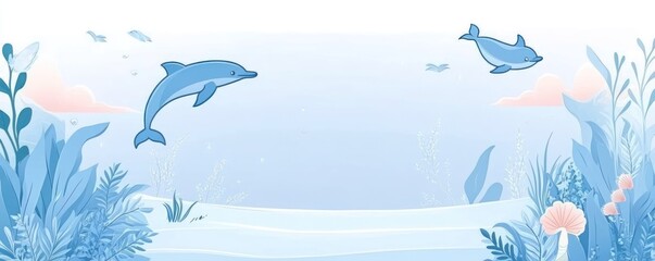 Fototapeta premium A serene underwater scene featuring dolphins and aquatic plants in calming blue tones.