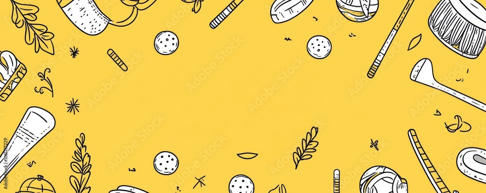 Poster a vibrant yellow background featuring hand-drawn doodles of various objects and elements.