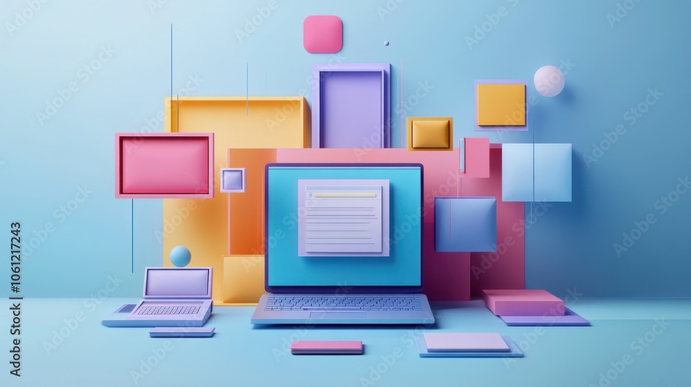 Poster a colorful digital workspace with abstract shapes and a laptop, emphasizing creativity.
