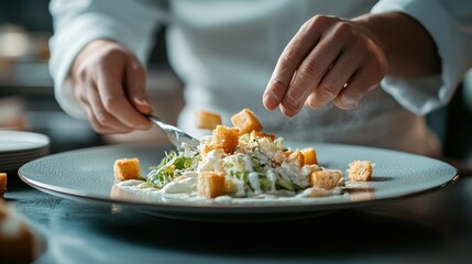 A chef garnishing a fresh salad with croutons in a fine dining setting.