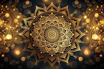 Luxurious Golden Circular Glittery Mandala with Intricate Decoration Against Black Background - Elegant Glitter Texture for Backgrounds and Templates