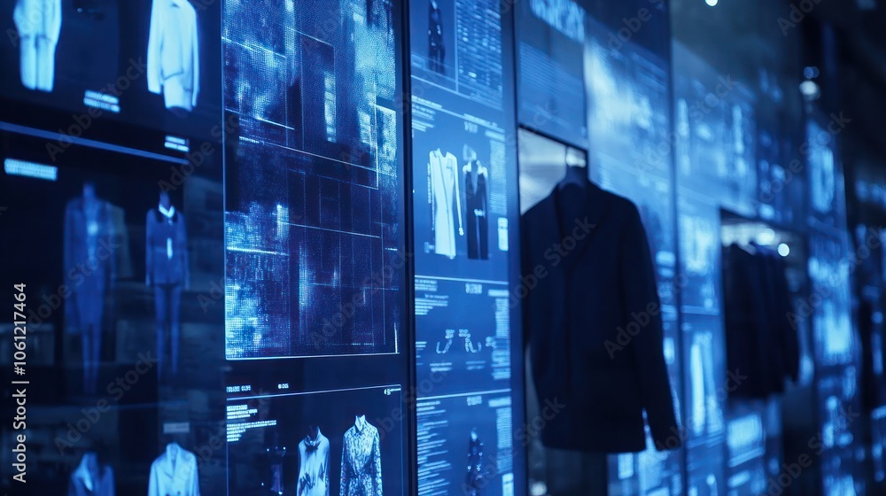 Poster a display of garments with digital interfaces showcasing data and designs.