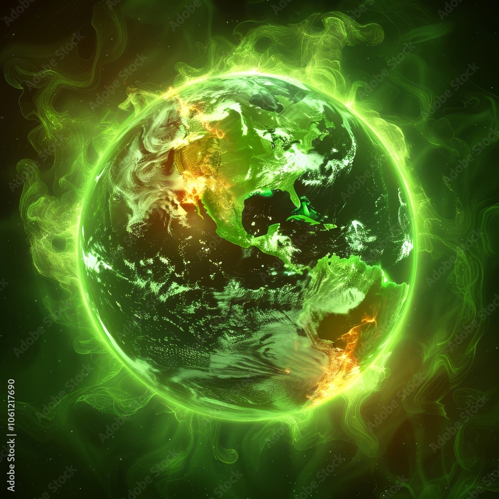 Aufkleber the earth is depicted in vivid green hues, surrounded by fiery orange accentuations and ethereal swi