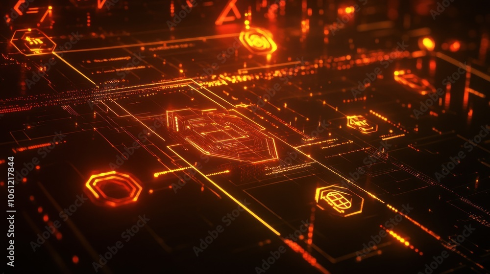 Aufkleber abstract digital circuit design with glowing orange elements representing technology and data.