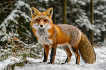 Obraz premium majestic orange fox stands gracefully on pristine snow, surrounded by serene forest backdrop. Its vibrant fur contrasts beautifully with white snow, creating captivating winter scene