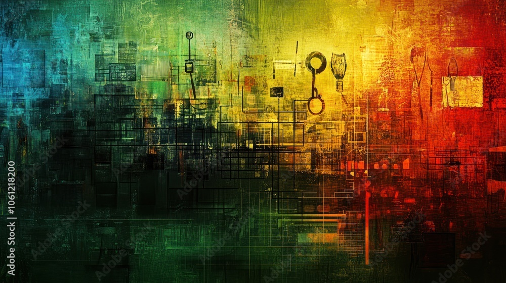 Aufkleber abstract digital artwork with vibrant colors and geometric patterns suggesting keys and locks.
