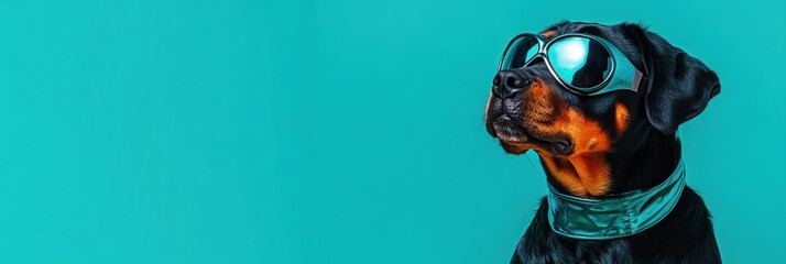 A stylish Rottweiler wearing sunglasses against a vibrant turquoise background.