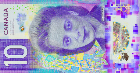 Bank of Canada polymer banknotes with denomination of ten dollars front view