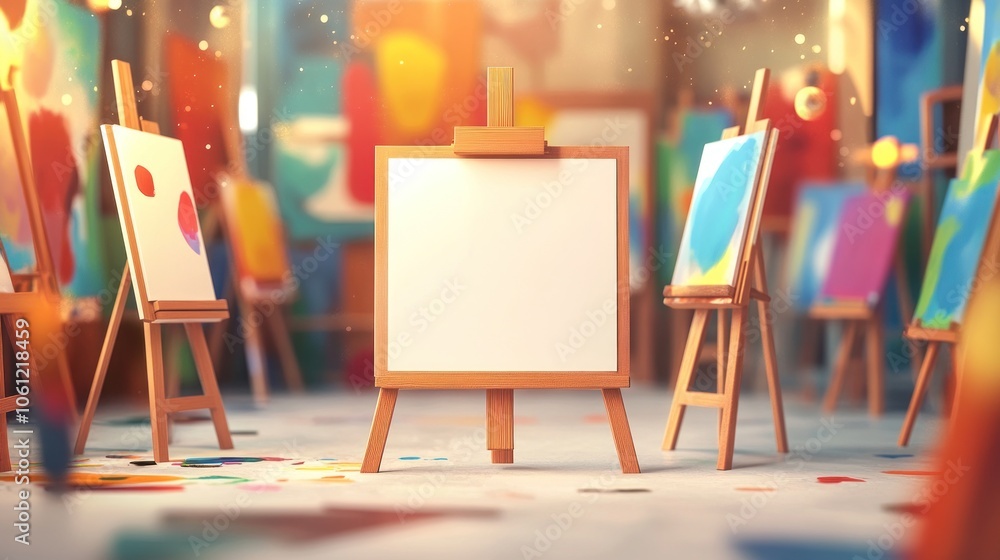 Aufkleber an art studio with easels displaying colorful paintings and a blank canvas in focus.