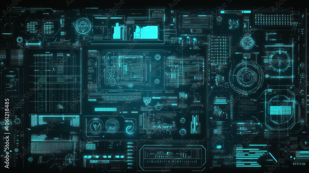 Poster futuristic digital interface with holographic elements and data displays.
