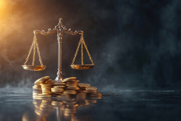 Justice scales with coins, abstract law enforcement scene, dark background